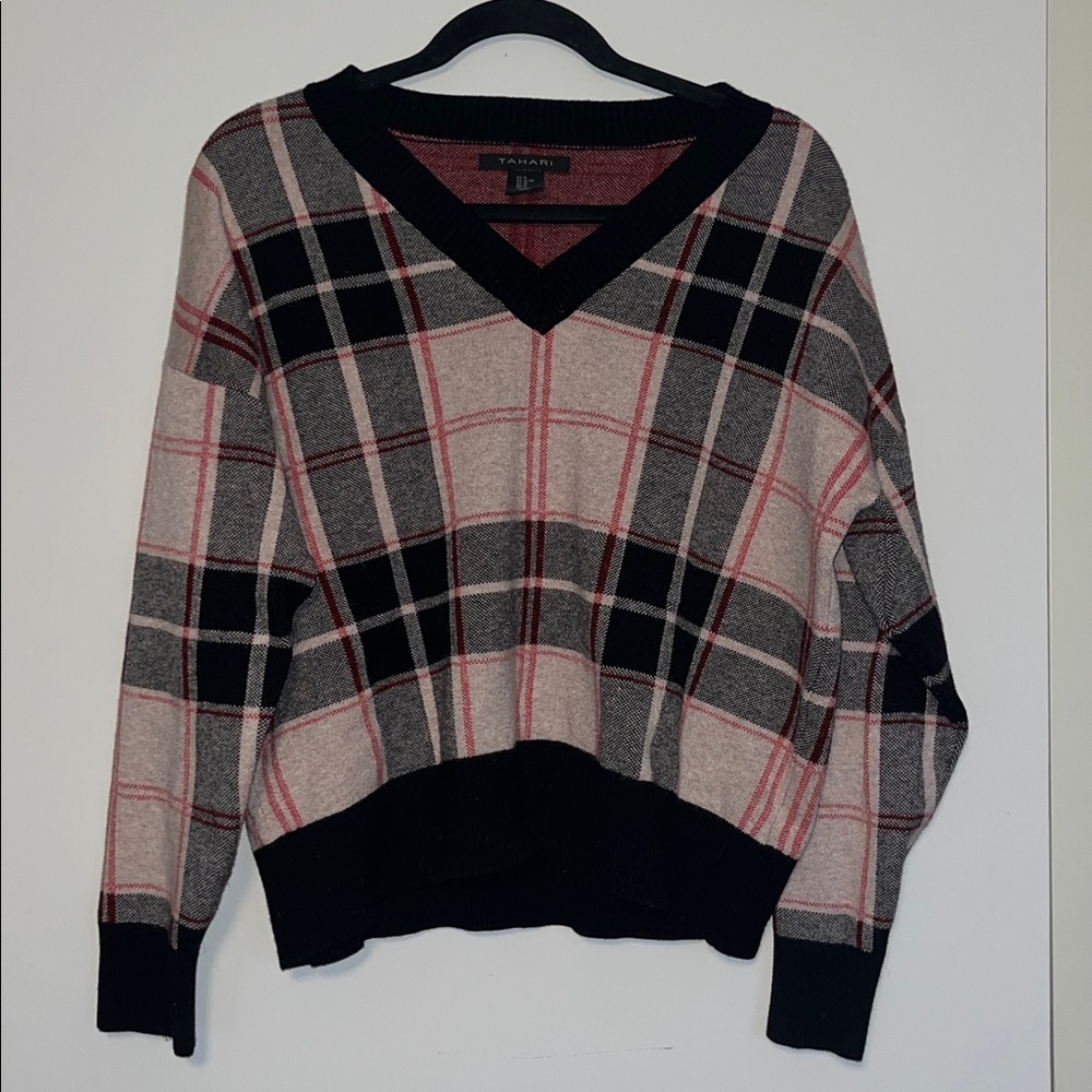 Tahari Plaid V-Neck Sweater - Black, Red, and Gray